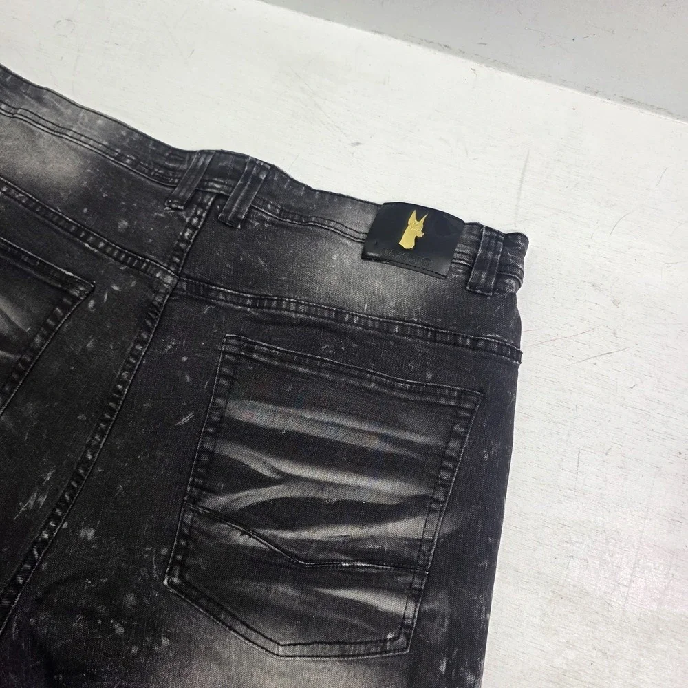 Makobi Biker Shorts Men's Size 44 Black Acid Wash Distressed Moto Streetwear Y2K